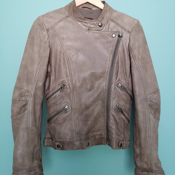 Danier Tan/Grey Leather Moto Jacket - Picture 4 of 7